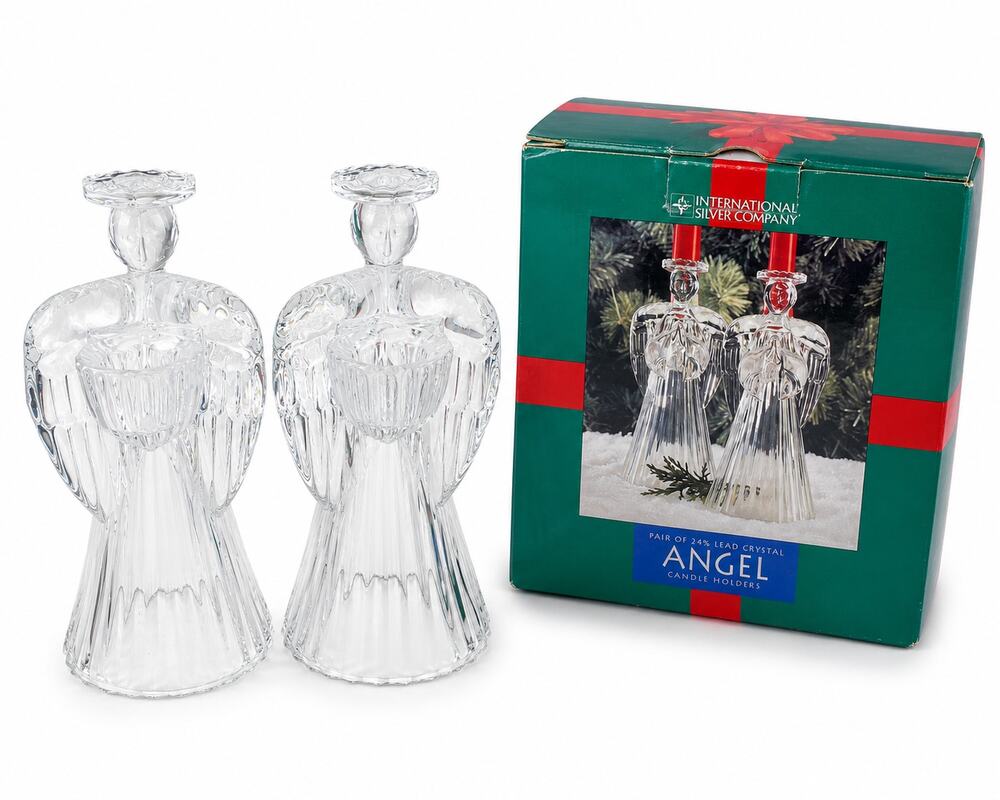 Vintage International Silver 24% Lead Crystal Angel Candle Holders Pair 7" Box